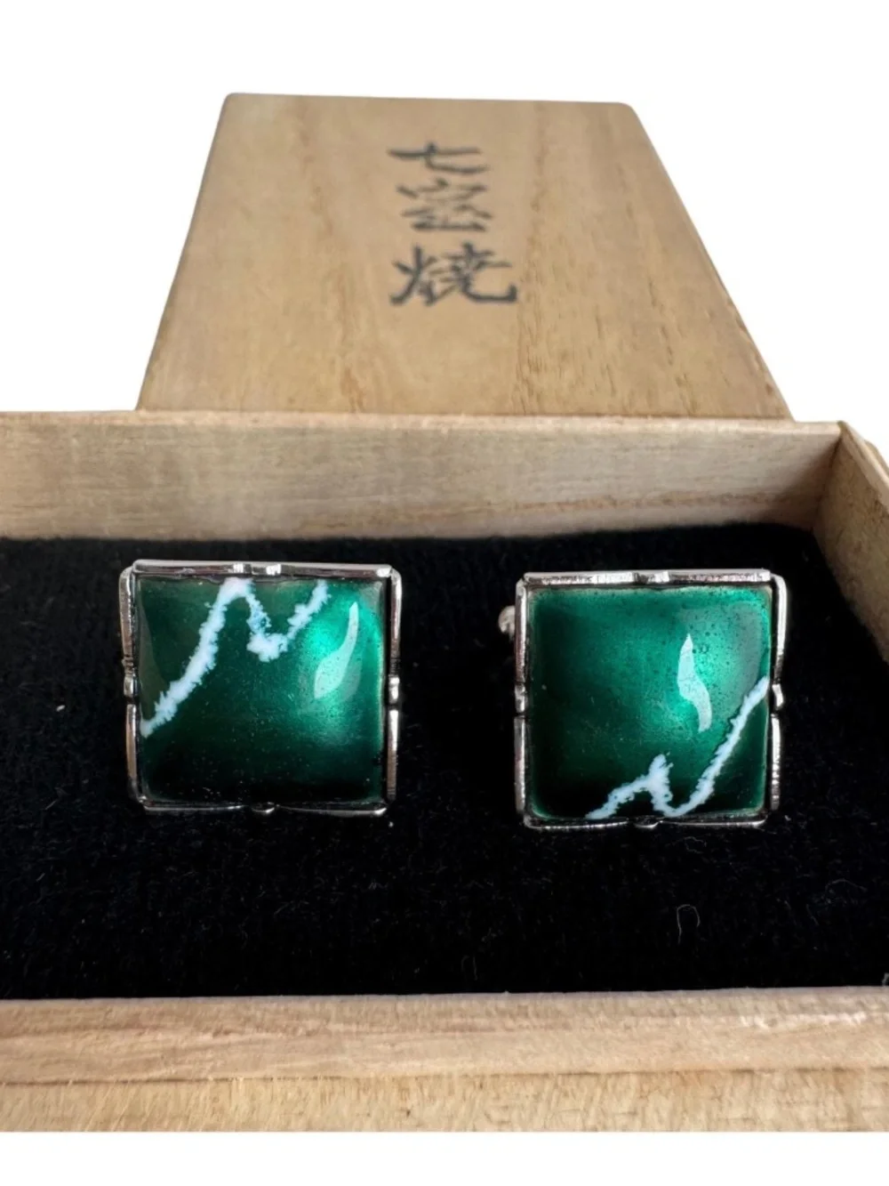 Vintage Japanese Cloisonne Cufflinks Green Enamel Shippo Silver Formalwear Boxed
